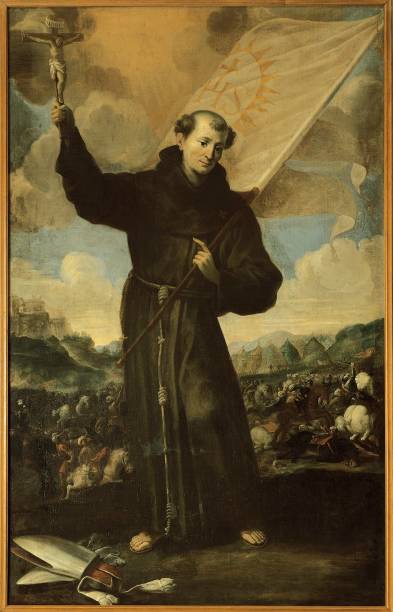 Painting of San Giovanni da Capestrano, a spiritual leader and warrior, holding a crucifix and a flag, leading a battle with religious symbolism