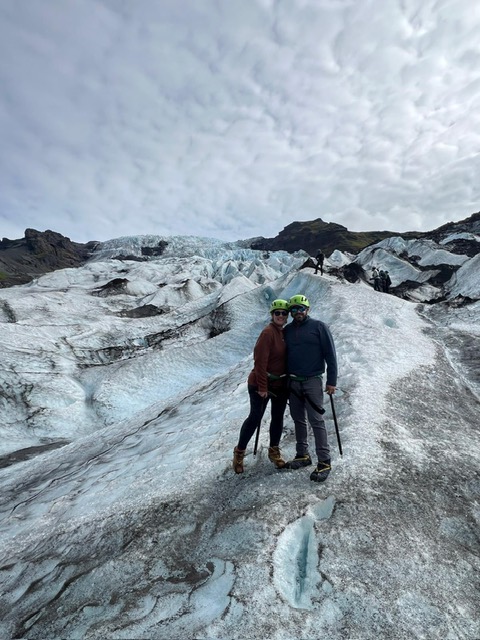 Hiking our way down an Icelandic glacier during our guided glacier tour.
