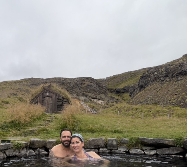 Relaxing in our favorite natural hot spring surrounded by the rugged Icelandic landscape.