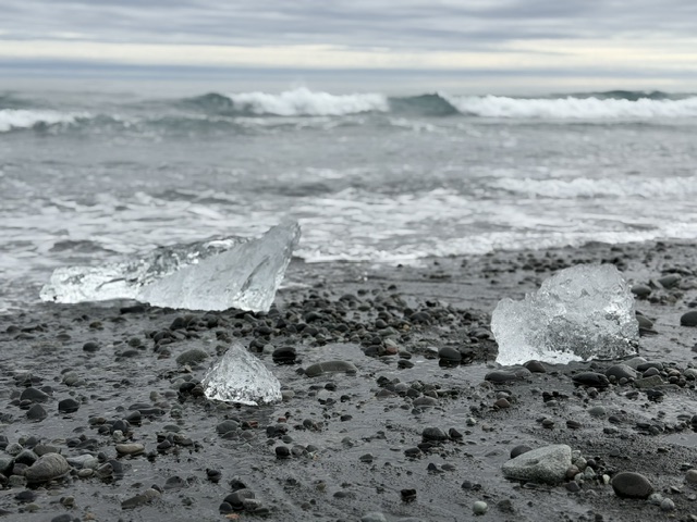 Ice and black volcanic sand along Diamond Beach on Iceland’s South Coast.