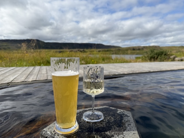 Drinks served at the geothermal pool bar at Vök Baths in East Iceland.
