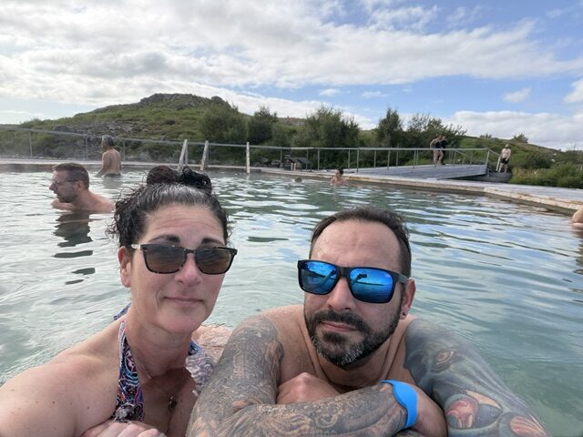 Enjoying the geothermal pools at Vök Baths during our Iceland Ring Road trip.
