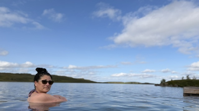 Infinity geothermal pool overlooking the lake at Vök Baths in East Iceland.