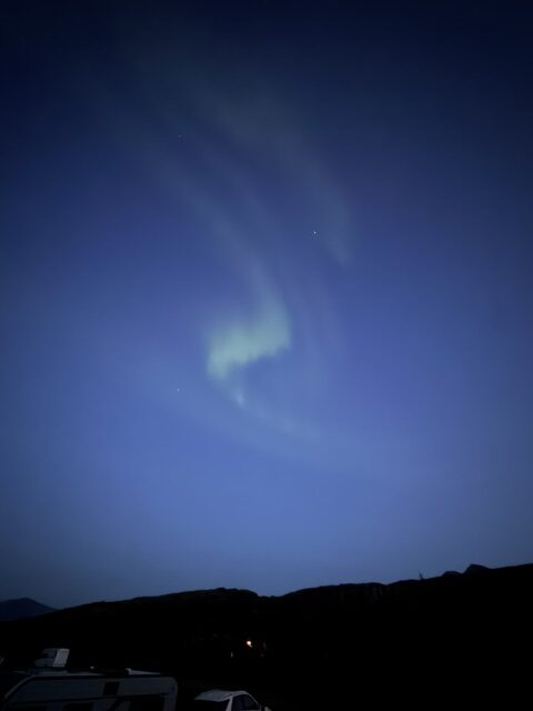 Aurora borealis visible above our campsite during a night in Iceland.
