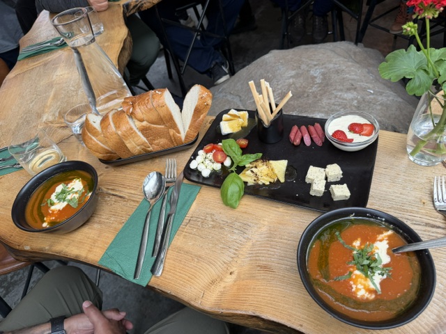 Fresh tomato soup served inside the Friðheimar greenhouse restaurant in Iceland.