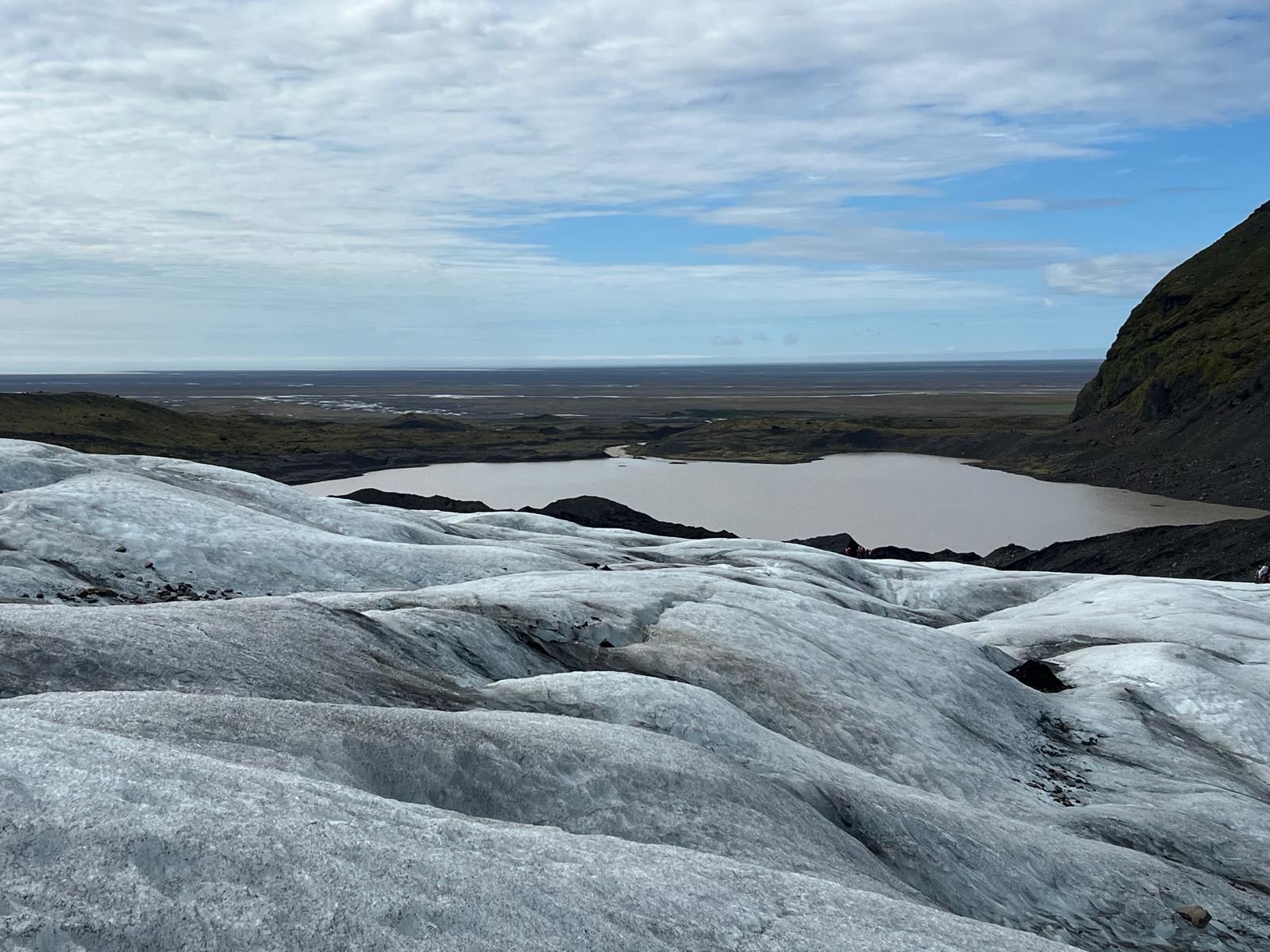 View looking down across the ice from the top of a glacier during our Iceland trip.