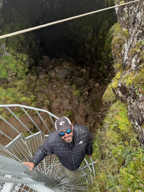 Inside a volcanic lava cave near Ölfus, Iceland