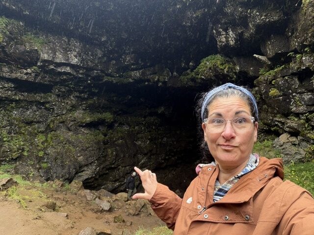 Volcanic rock formations inside a lava cave in Iceland