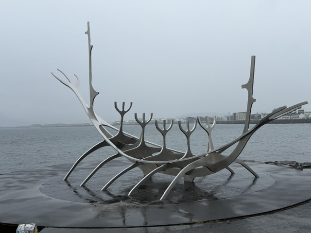Sun Voyager stainless steel boat sculpture along the waterfront in Reykjavík, Iceland